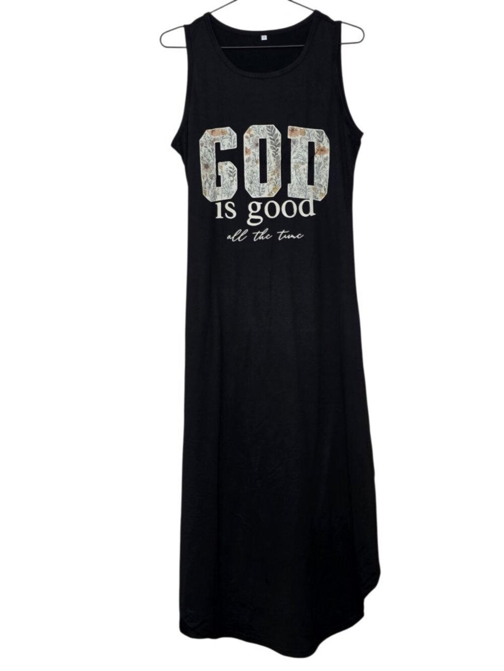 Women's Black Long Maxi Jersey Sleeveless Dress "God is good all the time" Size